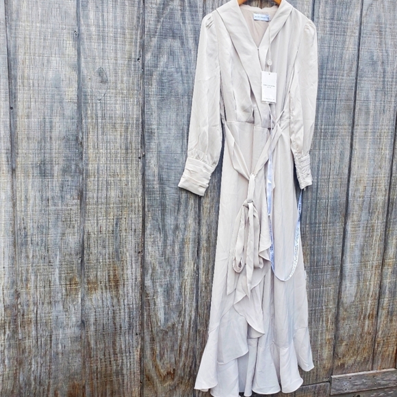 Veiled Collection Shareen Wrap Front Satin Maxi Dress W/Bell Sleeves Taupe Small - Picture 1 of 9